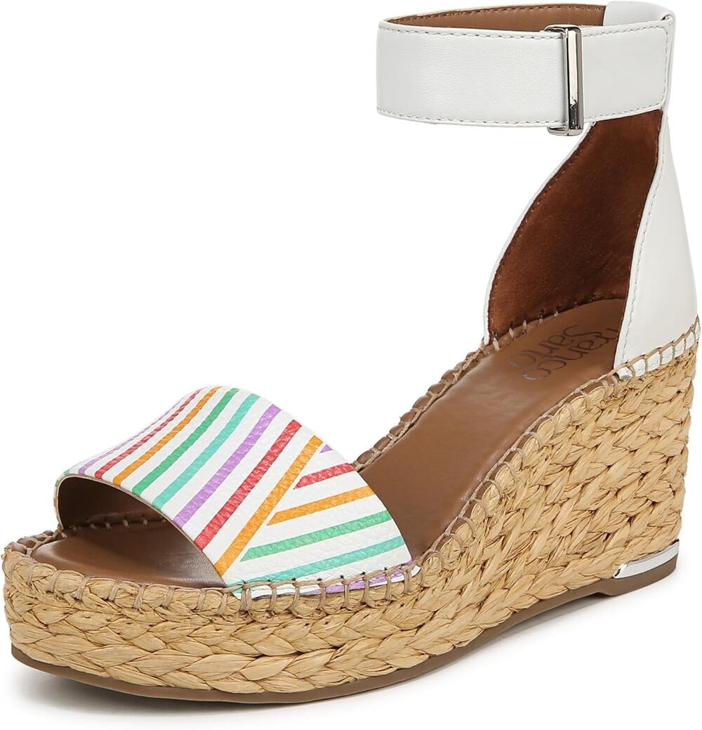 NIB Franco Sarto Womens Clemens Espadrille Wedge Sandal White Rainbow Stripe 7 W